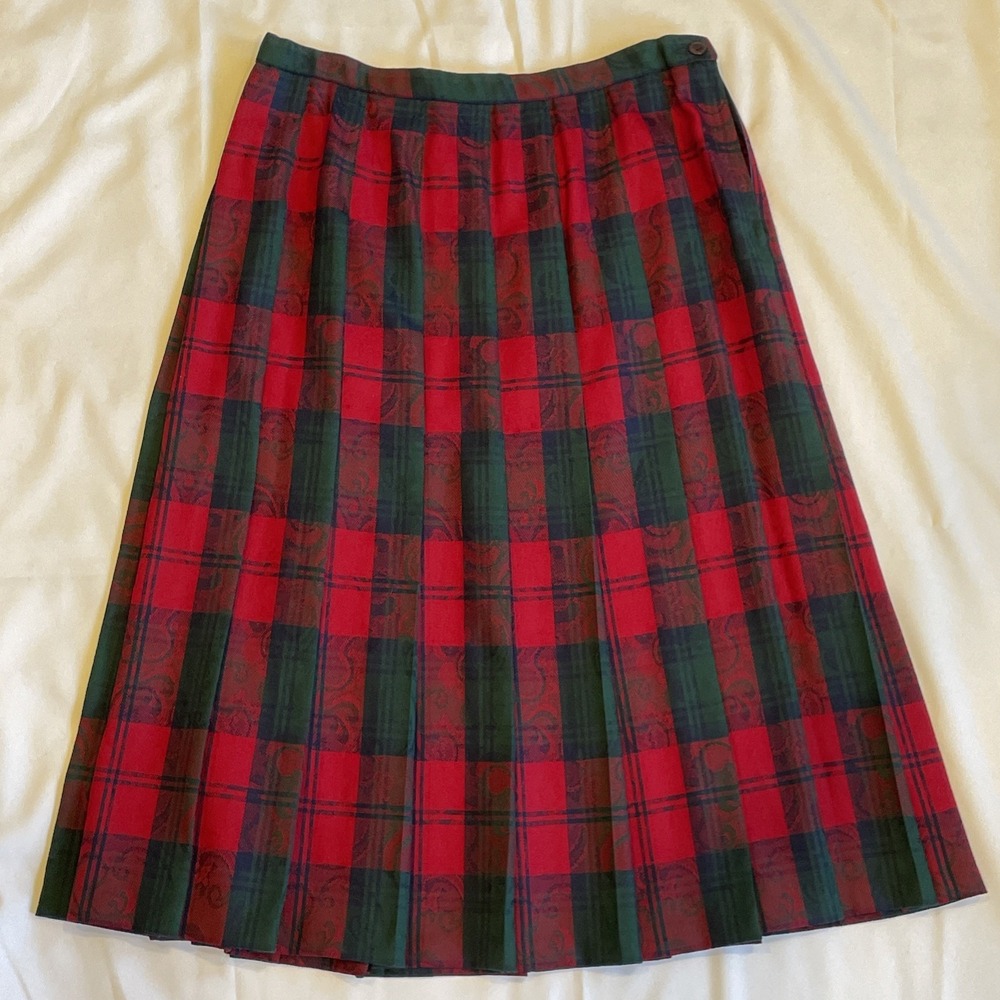 Vintage 90's Pendleton Wool Jacquard Damask Plaid Pleated Skirt Red Green 16 Pet